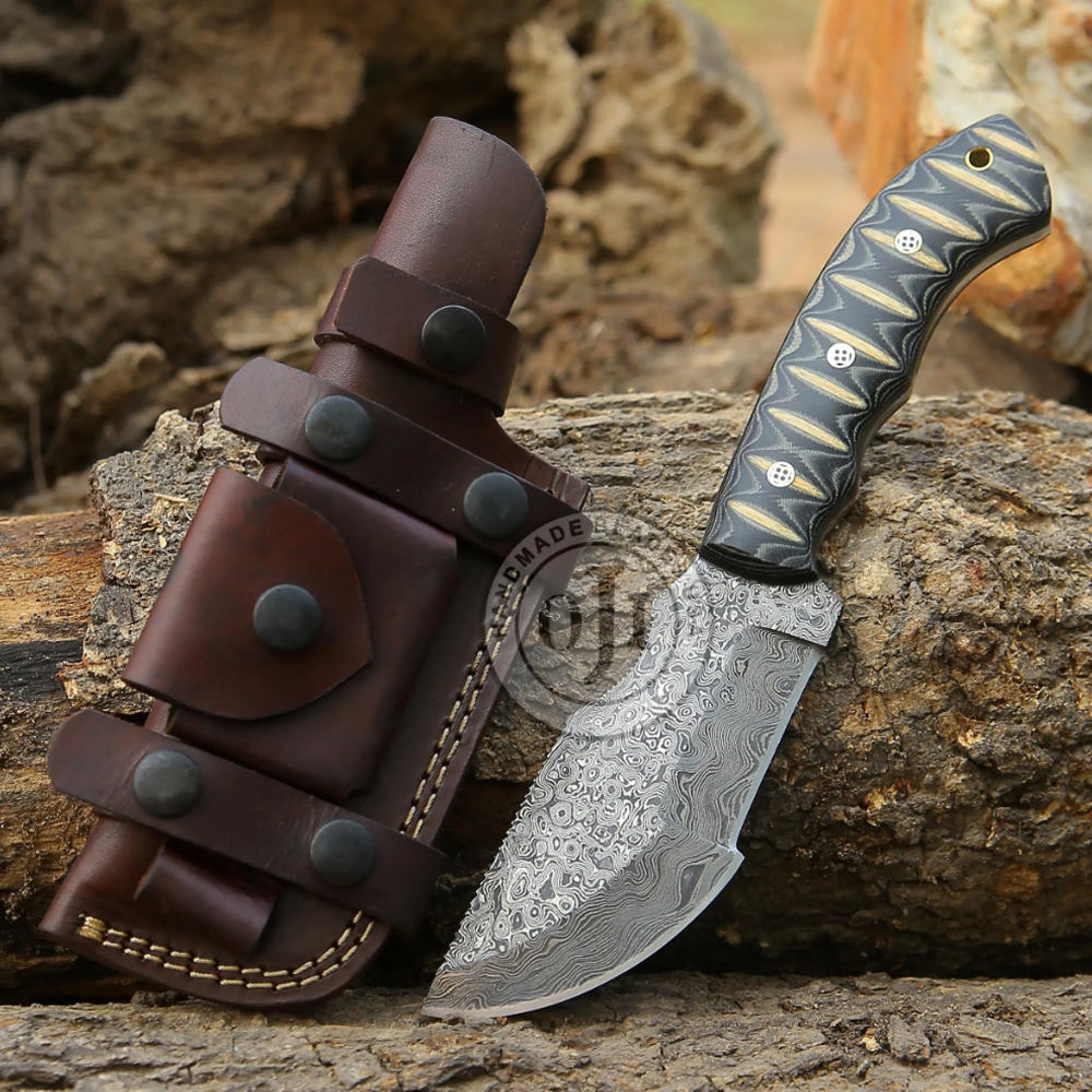 Damascus Tracker Chopper Knife Black Micarta Handle & Cowhide Leather Sheath
