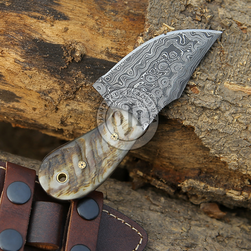EDC - Damascus Skinner Knife Himalayan Sheep Horn Handle - Oji Blades