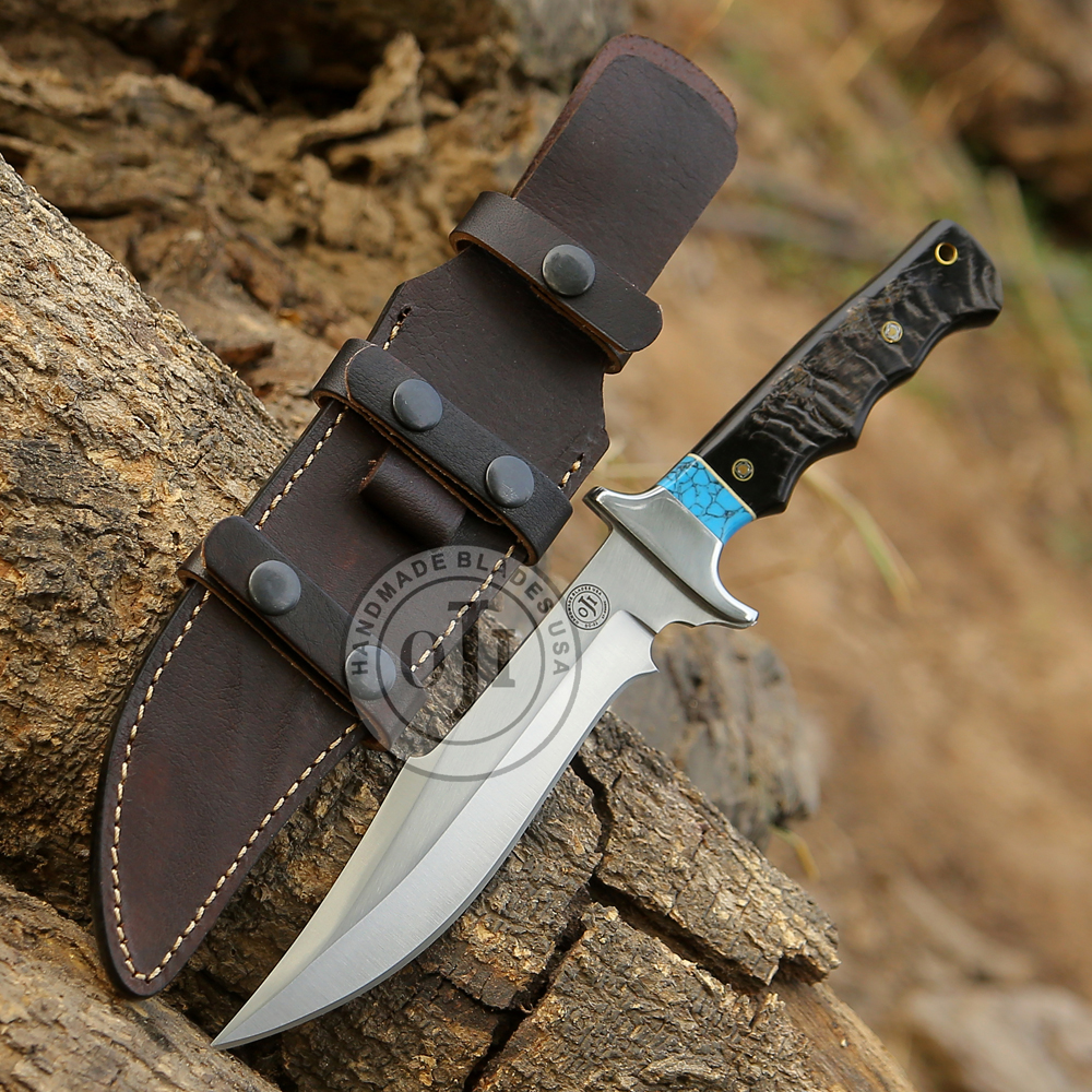 Big Bowie DC53 Steel Handmade Hunting Camping Knife: Turquoise & Black Horn Handle, Leather Sheath