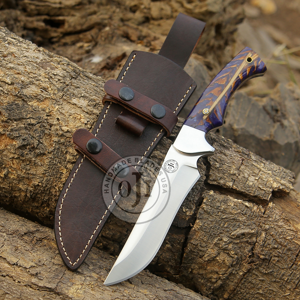 AUS10 STEEL SKINNER Hunting Knife Steel Bolster Blue Pine Cone Handle