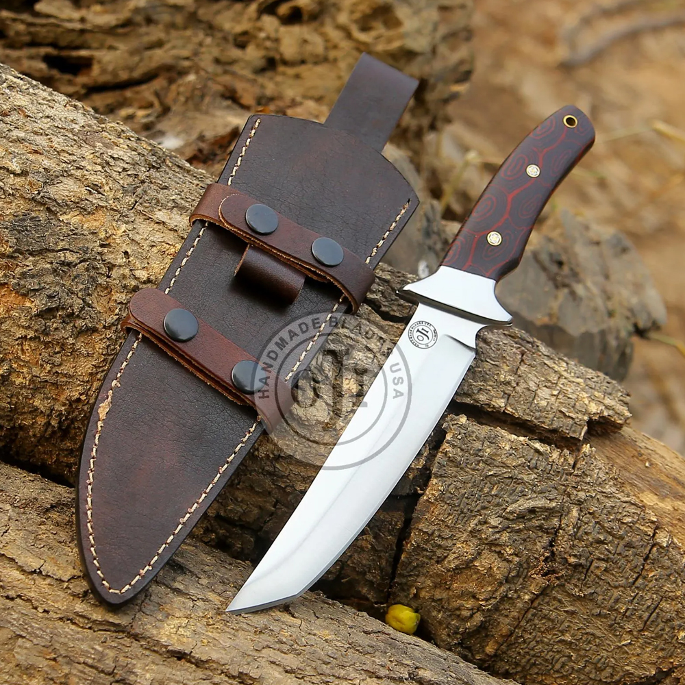 TANTO D2 TOOL Steel Hunting Knife Red Micarta Handle Leather Sheath