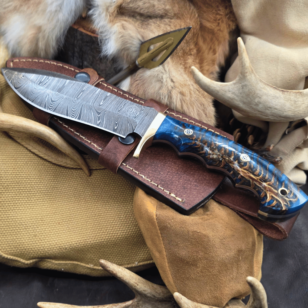 Damascus Bowie Knife W Brass Guard Blue Pinecone Handle