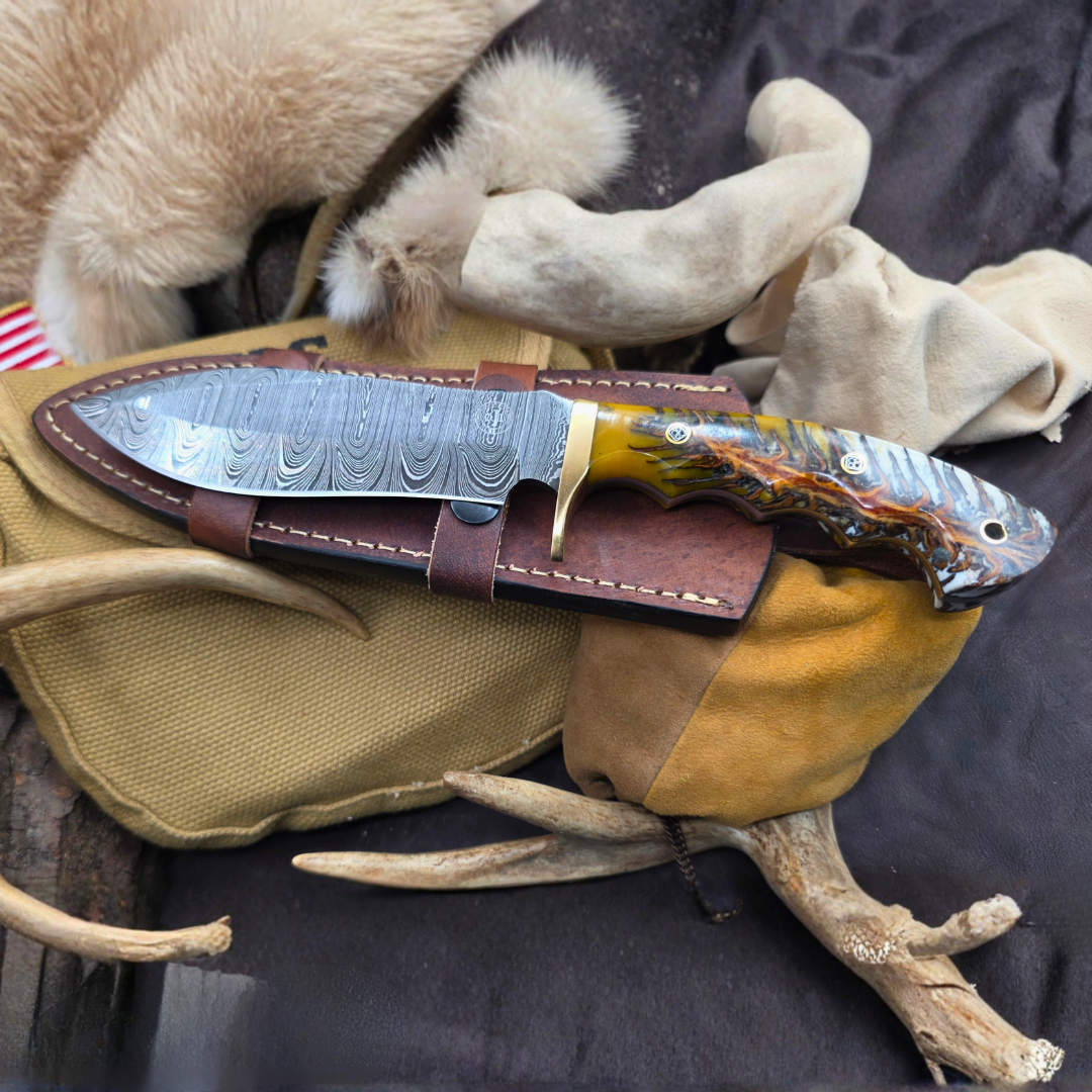Damascus BOWIE Brass Guard Gold Pinecone Handle