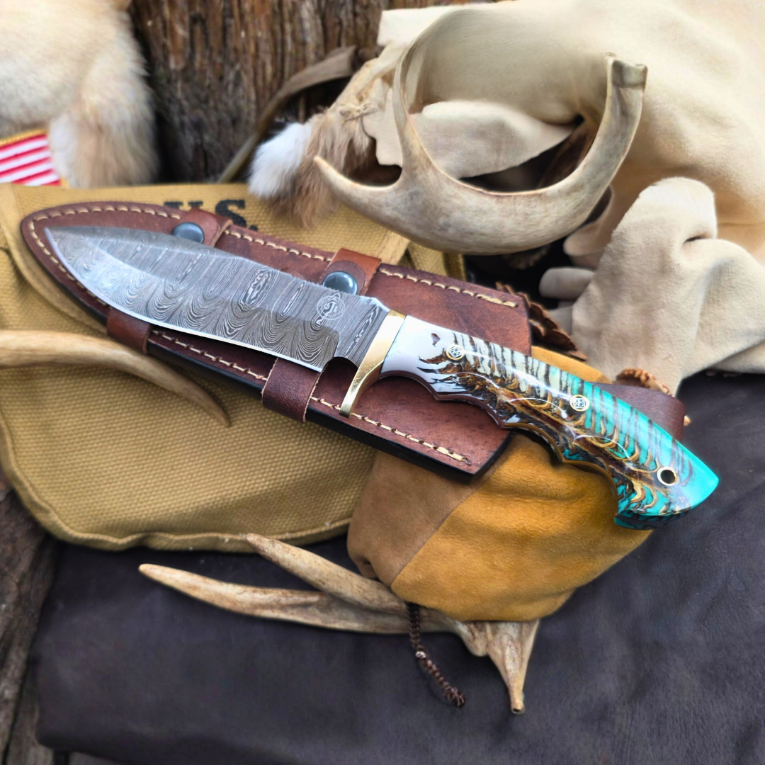 Damascus BOWIE  Brass Guard TURQUOISE Pinecone Handle