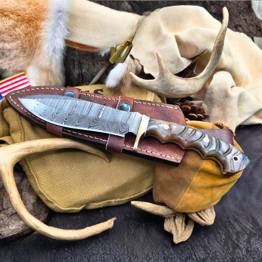 Damascus BOWIE Brass Guard Himalayan Sheep Horn Handle