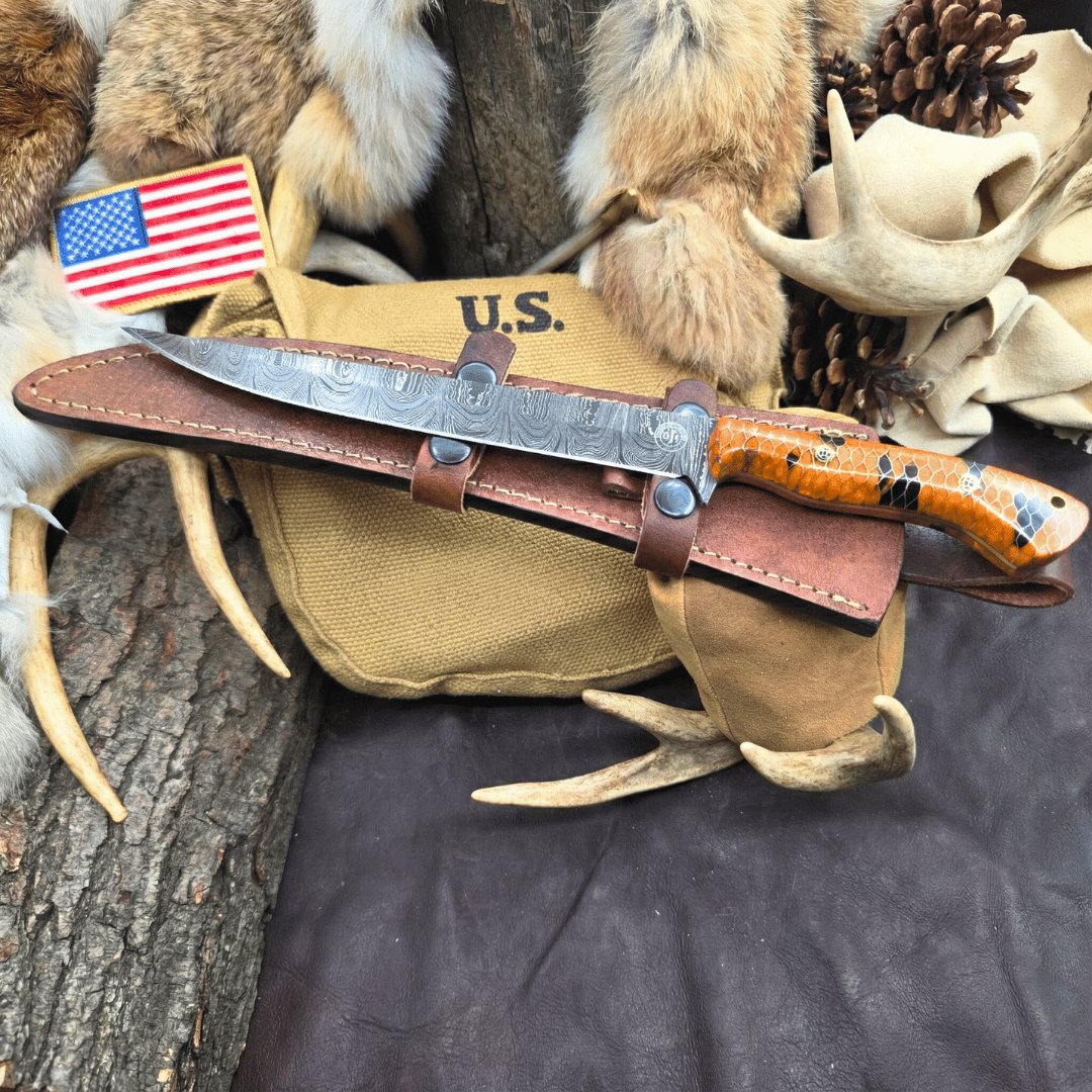 Damascus Fillet Knife Orange Honey Comb Handle Leather Sheath