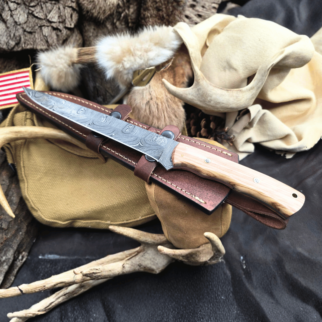 Damascus Fillet Knife Wood Handle Cowhide Leather Sheath