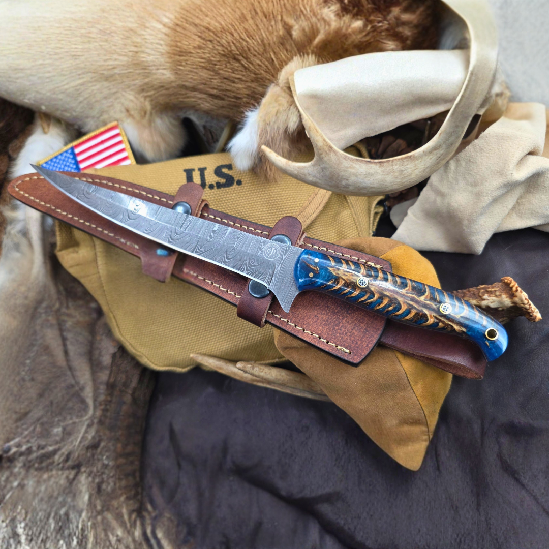 Damascus Fillet Knife Blue Pine Cone Handle