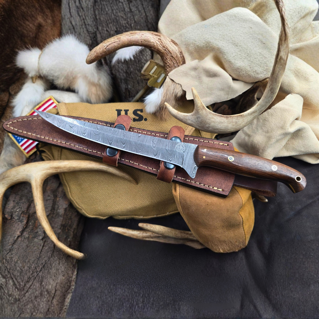 Damascus Fillet Knife Rosewood Handle Leather Sheath