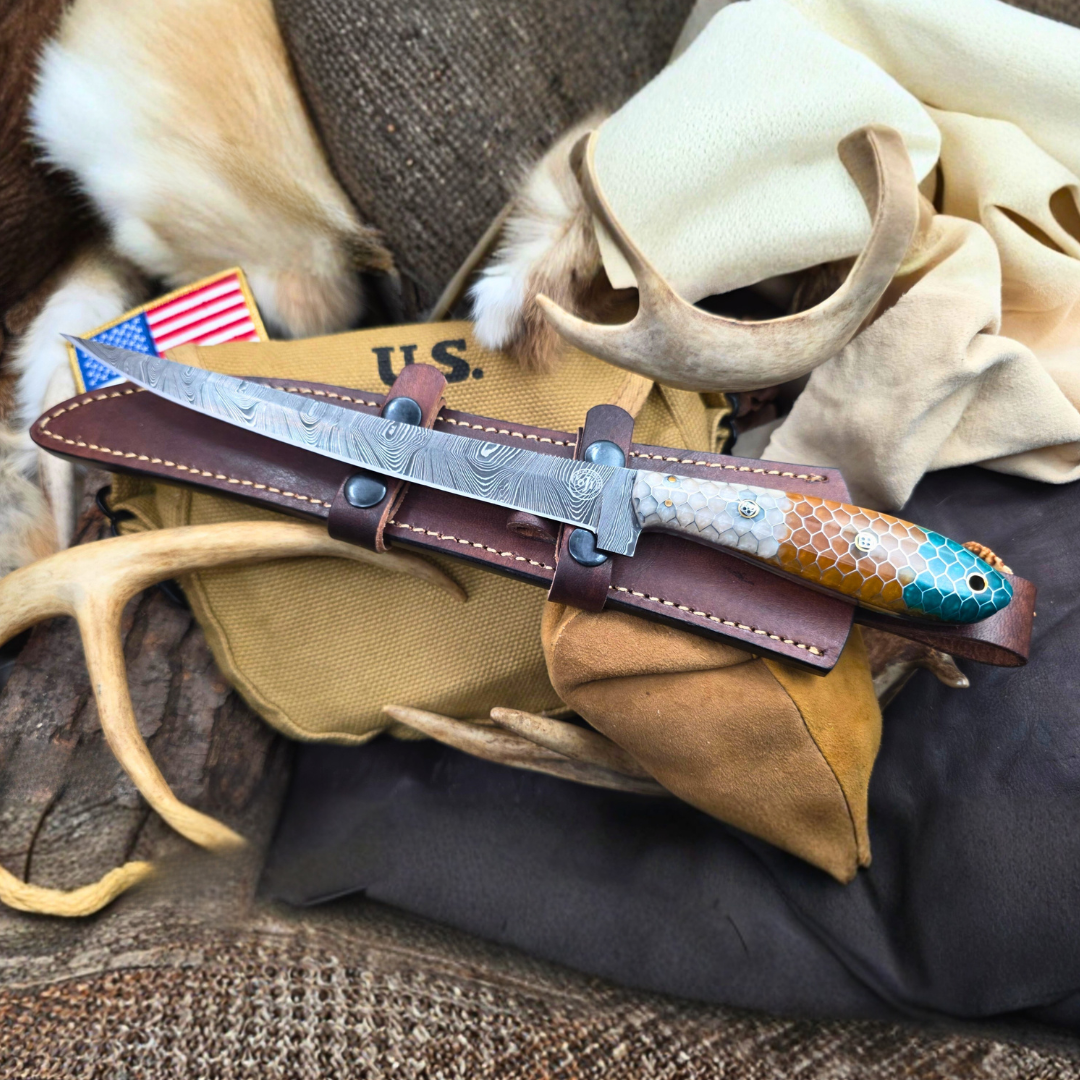 Damascus Fillet Green/Brown Honey Comb Handle