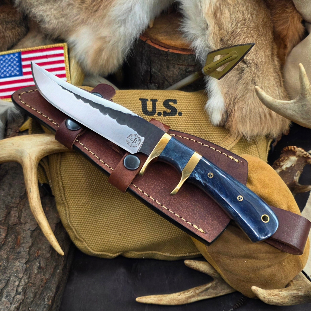AUS 10 Handmade SUB HILT Brass Bolsters Hunting Knife Blue Bone Handle