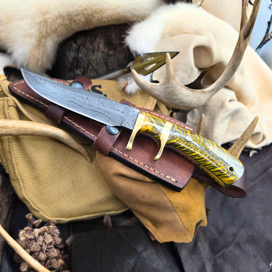 Damascus SUB HILT Knife Brass Bolsters Gold Pine Cone Handle